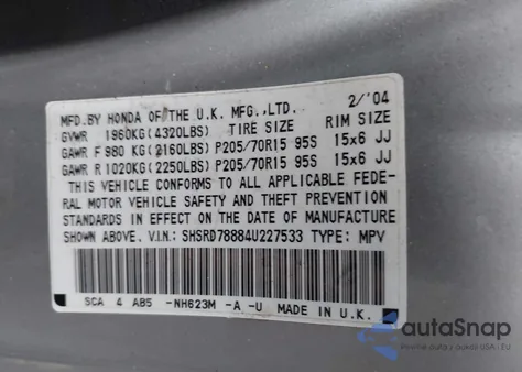 2004 Honda Cr-V Ex from USA, damaged, VIN SHSRD78884U227533